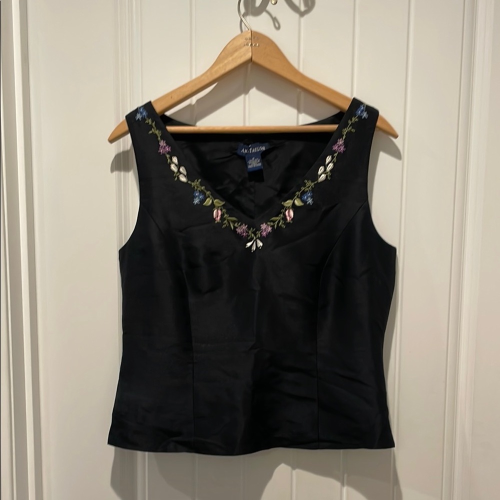 Ann Taylor Black Tank Top with Floral Embroidery